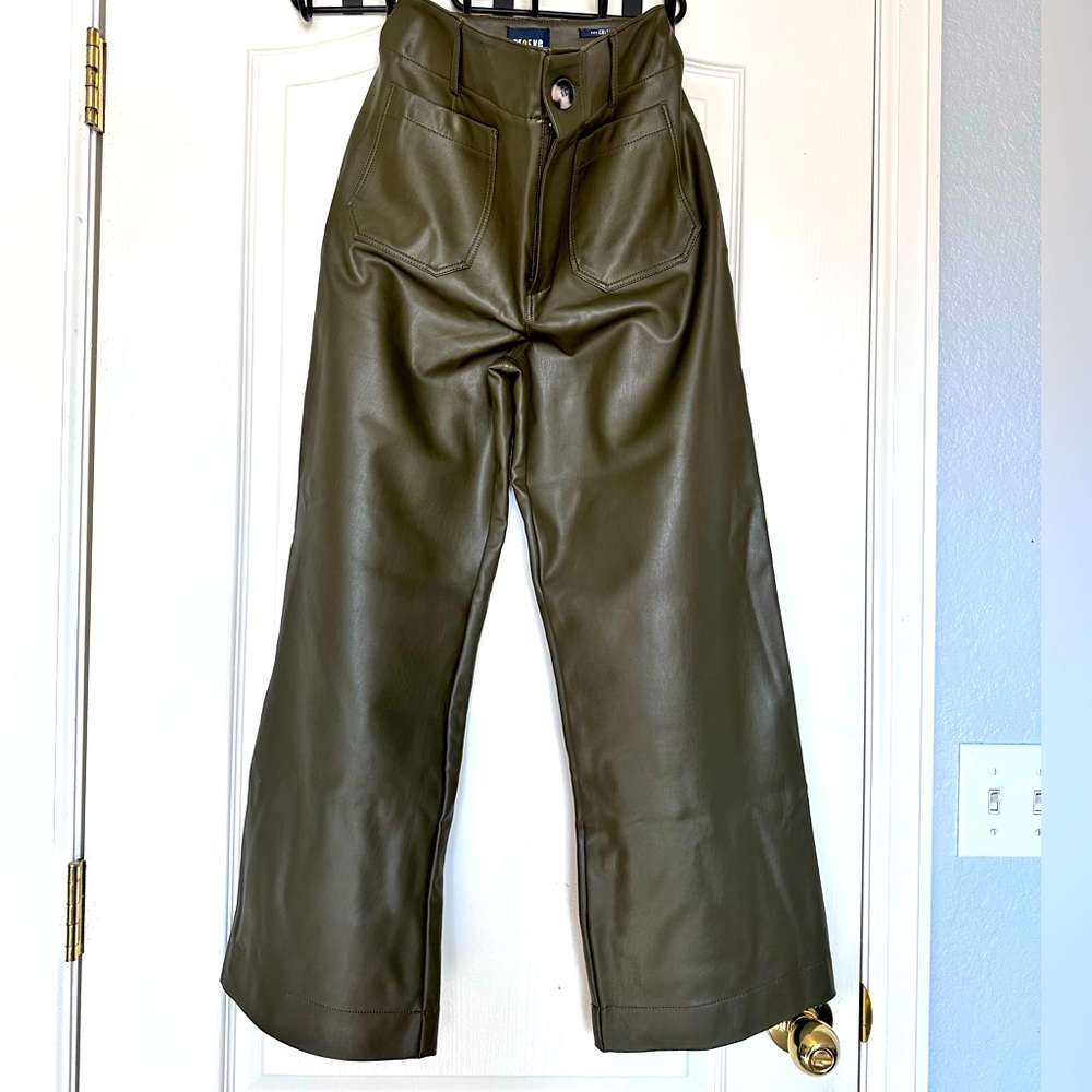 Dark green, faux leather Maeve The Collette wide leg pant.